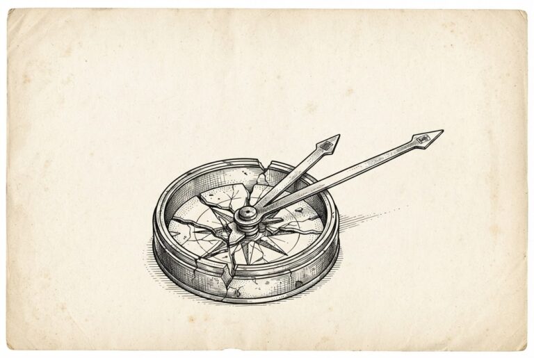 A cracked antique brass compass with its needle arms extracted and all leaning in the same direction - three separate regulatory paths converging on one bearing