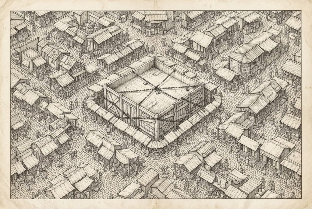 A marketplace where many stalls are open and connected by pathways, but one large central stall stands empty and barricaded - the Amazon-shaped gap in the alternative retail axis.
