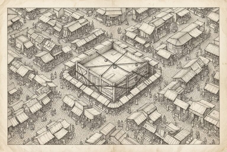 A marketplace where many stalls are open and connected by pathways, but one large central stall stands empty and barricaded - the Amazon-shaped gap in the alternative retail axis.