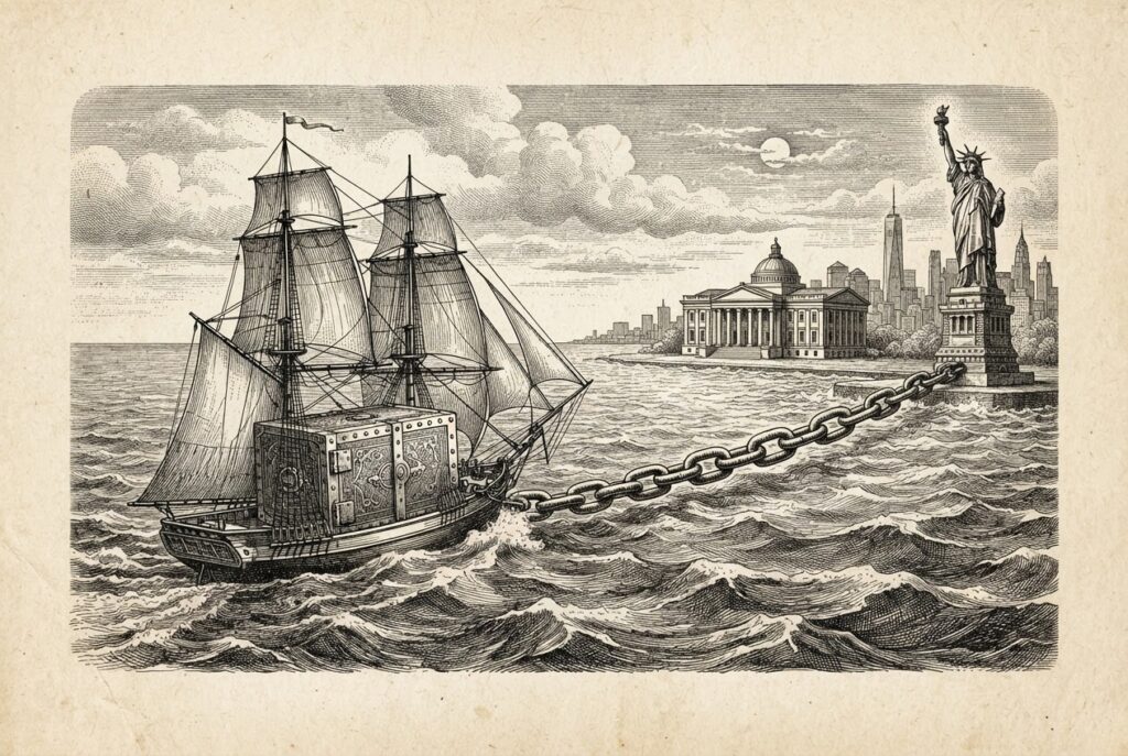 A European sailing vessel crossing a wide ocean toward the American shore, carrying a brass safe instead of passengers. A bridge of connected chain links stretches from the ship to a bank building on the American side. Monochrome pen-and-ink engraving on warm off-white paper, conceptual metaphor for a European fintech establishing US banking presence through stablecoin infrastructure.