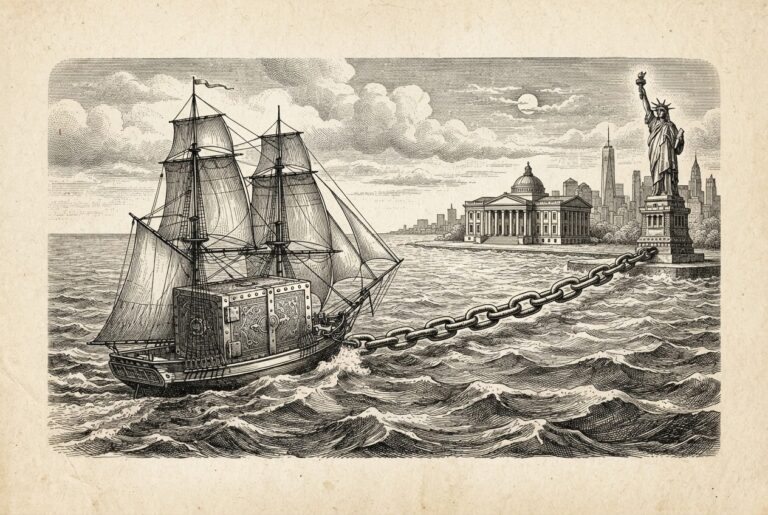 A European sailing vessel crossing a wide ocean toward the American shore, carrying a brass safe instead of passengers. A bridge of connected chain links stretches from the ship to a bank building on the American side. Monochrome pen-and-ink engraving on warm off-white paper, conceptual metaphor for a European fintech establishing US banking presence through stablecoin infrastructure.