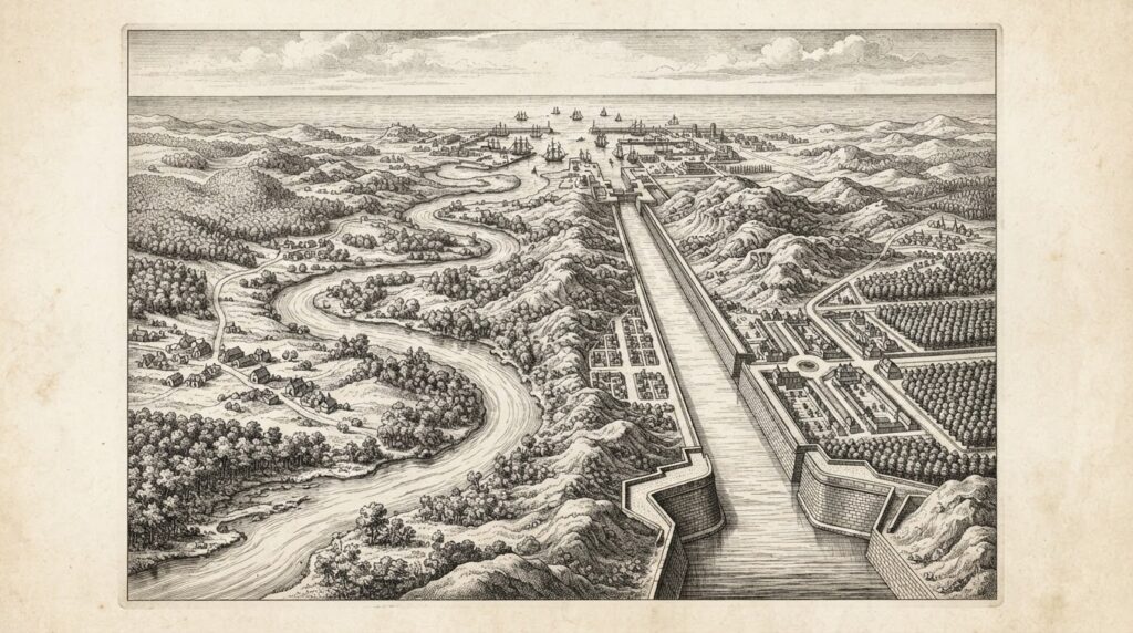 Two parallel rivers flowing toward the same ocean, one orderly with fortified banks, the other winding and organic, converging at a distant harbor - competing institutional settlement infrastructure made visible as allegorical engraving.