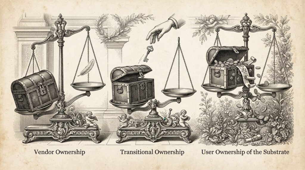 Three classical weighing scales showing different memory architectures for AI agents. Left scale tips toward a locked chest (vendor control). Center scale has chest slightly open with key rising toward a hand (transitional). Right scale balanced with contents spilling into a garden (user-owned). Monochrome pen-and-ink engraving.
