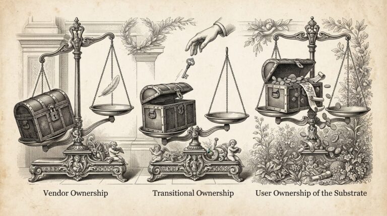 Three classical weighing scales showing different memory architectures for AI agents. Left scale tips toward a locked chest (vendor control). Center scale has chest slightly open with key rising toward a hand (transitional). Right scale balanced with contents spilling into a garden (user-owned). Monochrome pen-and-ink engraving.