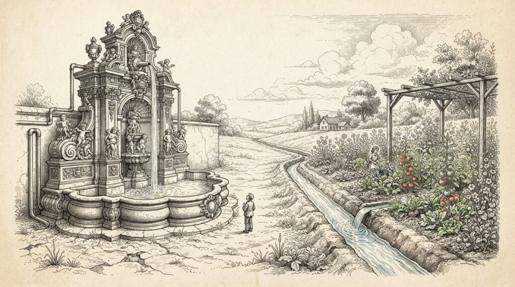 A conceptual pen-and-ink engraving showing an overbuilt ornate fountain producing only a thin trickle of water, contrasted with a humble simple channel feeding a thriving garden - symbolizing enterprise AI budget misallocation