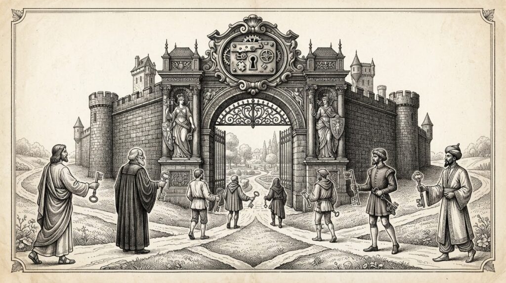 A grand ornate gateway with a single universal lock mechanism at its center, with multiple figures approaching from different directions carrying different shaped keys - all keys fit the same lock. Allegorical engraving representing standardized universal access. Monochrome pen-and-ink on warm paper.