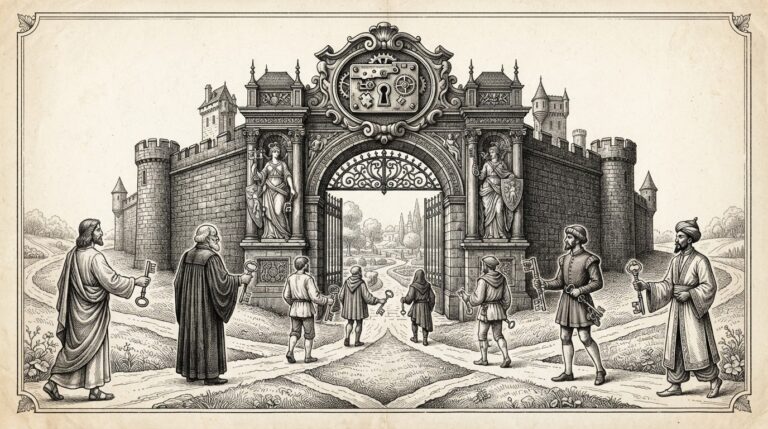 A grand ornate gateway with a single universal lock mechanism at its center, with multiple figures approaching from different directions carrying different shaped keys - all keys fit the same lock. Allegorical engraving representing standardized universal access. Monochrome pen-and-ink on warm paper.