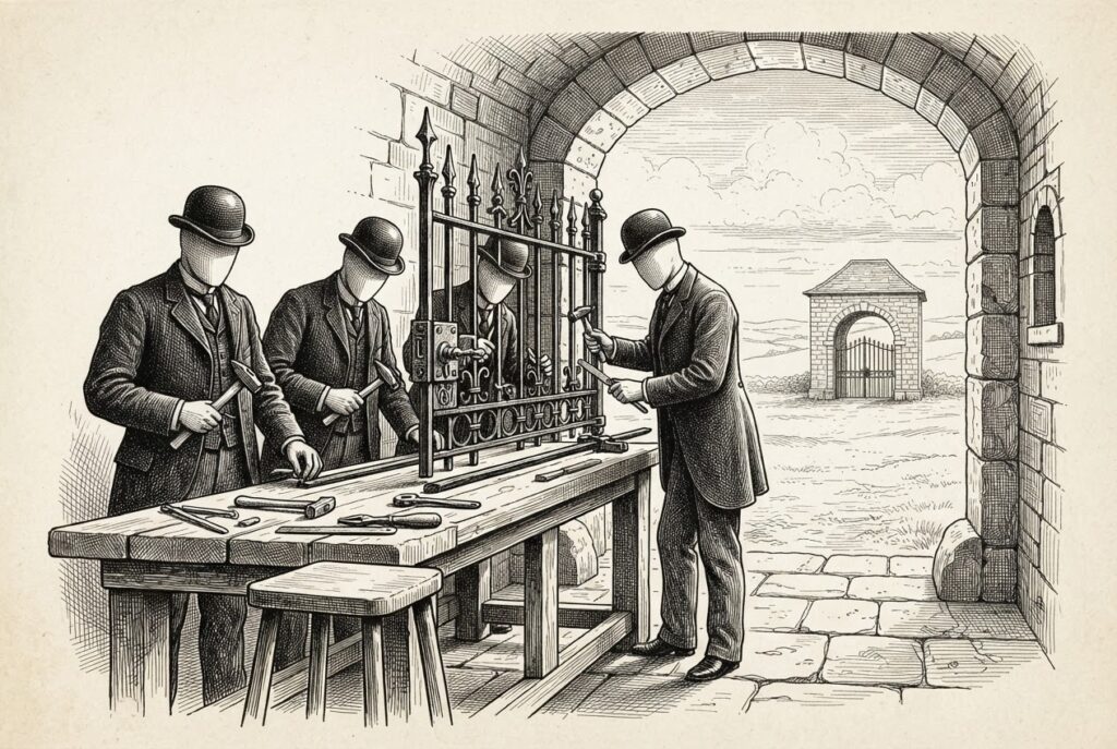 Three faceless figures in formal attire constructing an elaborate gate mechanism from inside a stone gatehouse archway, a fourth wooden stool conspicuously empty - the gate built from inside cannot lock from outside.