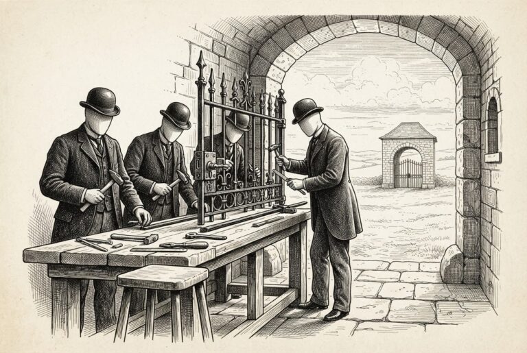 Three faceless figures in formal attire constructing an elaborate gate mechanism from inside a stone gatehouse archway, a fourth wooden stool conspicuously empty - the gate built from inside cannot lock from outside.