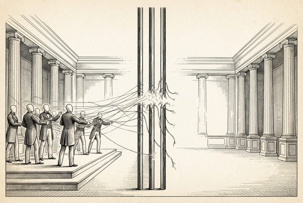 A legislative balance scale with voluntary coordination on one side and restraint of trade on the other — the same act weighed by two different standards