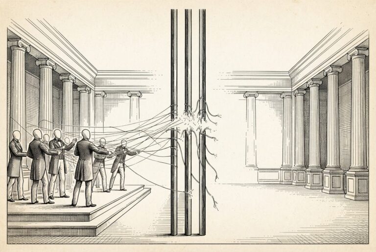 A legislative balance scale with voluntary coordination on one side and restraint of trade on the other — the same act weighed by two different standards