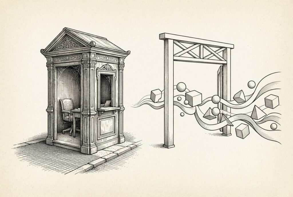 An empty ornate toll booth contrasted with a simple open gate, with abstract shapes flowing through — conceptual illustration of the shift from per-seat to consumption-based pricing.