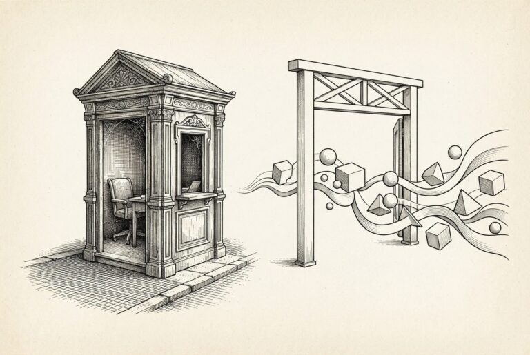 An empty ornate toll booth contrasted with a simple open gate, with abstract shapes flowing through — conceptual illustration of the shift from per-seat to consumption-based pricing.