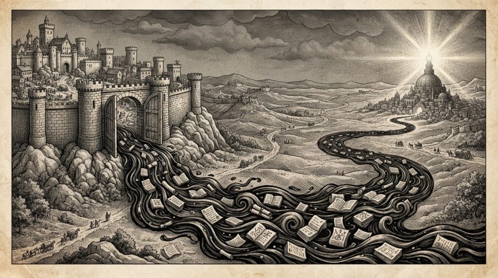 A walled city with gates open, a river of ink carrying ledgers and scrolls outward through its gate across an open plain toward a distant beacon