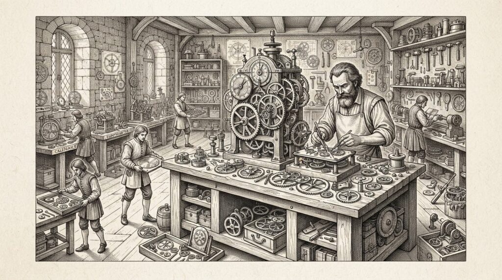 A master craftsman at a central workbench assembling an intricate clockwork mechanism while other workshops are being dismantled around him, tools and components being carried toward the central bench - symbolizing platform consolidation