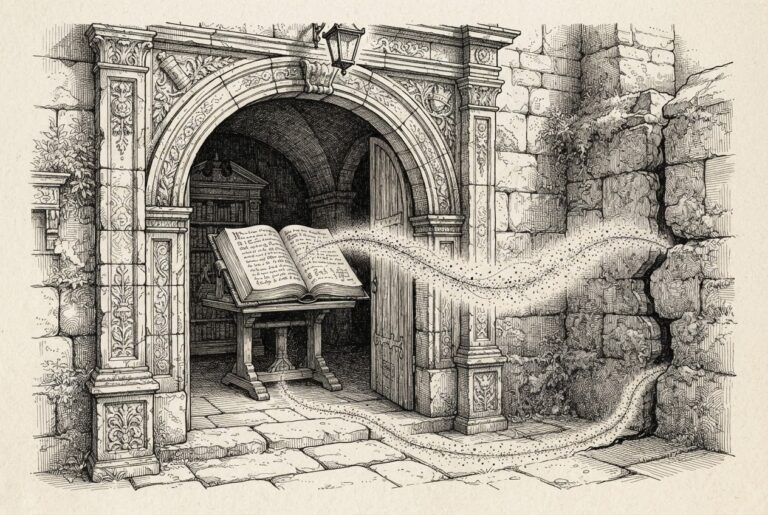 An ornate Renaissance gate standing wide open and unguarded, with a large open ledger book inside from which a stream of data flows through a hidden crack in the stone wall, representing zero-click data exfiltration through an open trust boundary