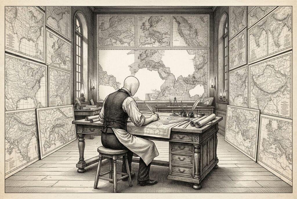 A faceless cartographer sits at an ornate desk in a vast map room. Hundreds of charts cover the walls - territories meticulously mapped in ink. Behind the figure, several large sections remain blank, representing the uncharted regions of agent governance. Institutional scale meets honest incompleteness.
