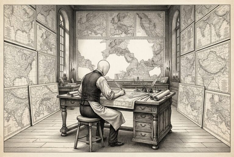 A faceless cartographer sits at an ornate desk in a vast map room. Hundreds of charts cover the walls - territories meticulously mapped in ink. Behind the figure, several large sections remain blank, representing the uncharted regions of agent governance. Institutional scale meets honest incompleteness.