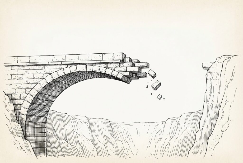 A half-built stone bridge spanning a deep dry gorge, with solid masonry on the near end representing agency rulemaking underway, the bridge ending abruptly in mid-air with loose stones tumbling into the void, and faint chisel marks on the far cliff outlining where the legislative framework should have connected