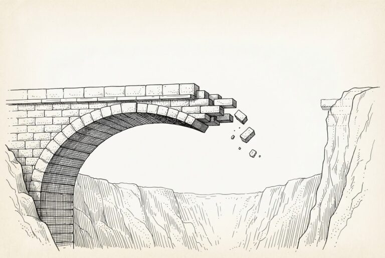 A half-built stone bridge spanning a deep dry gorge, with solid masonry on the near end representing agency rulemaking underway, the bridge ending abruptly in mid-air with loose stones tumbling into the void, and faint chisel marks on the far cliff outlining where the legislative framework should have connected