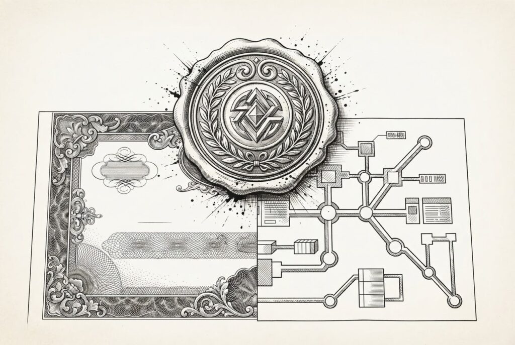 A heavy official embossing seal pressing onto a document that shows two worlds - a traditional stock certificate on the left and a geometric blockchain ledger on the right - with the regulatory seal bridging both halves