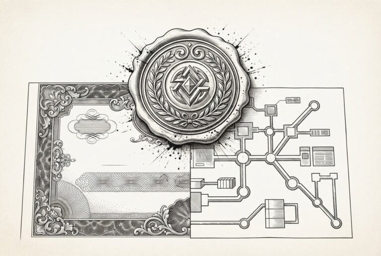 A heavy official embossing seal pressing onto a document that shows two worlds - a traditional stock certificate on the left and a geometric blockchain ledger on the right - with the regulatory seal bridging both halves
