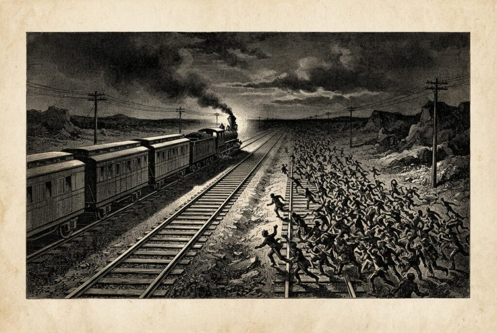 Two parallel railway tracks stretching toward a vanishing point - a sleek ordered train on one track, a chaotic crowd of autonomous figures scattering on the other, heading in opposite directions. Monochrome pen-and-ink engraving on warm paper. Conceptual, not literal.