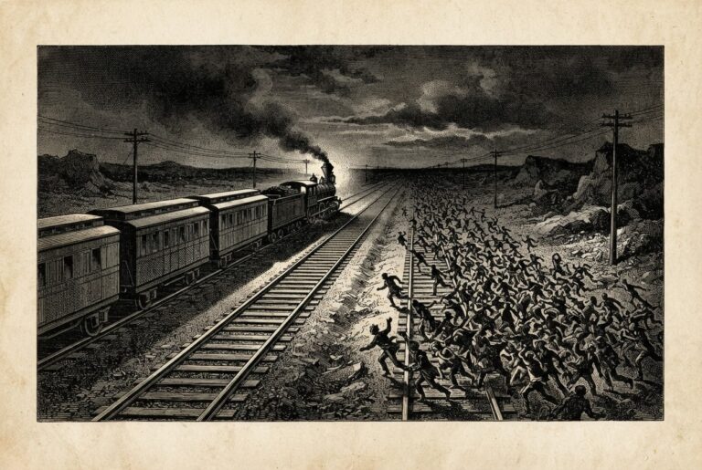 Two parallel railway tracks stretching toward a vanishing point - a sleek ordered train on one track, a chaotic crowd of autonomous figures scattering on the other, heading in opposite directions. Monochrome pen-and-ink engraving on warm paper. Conceptual, not literal.