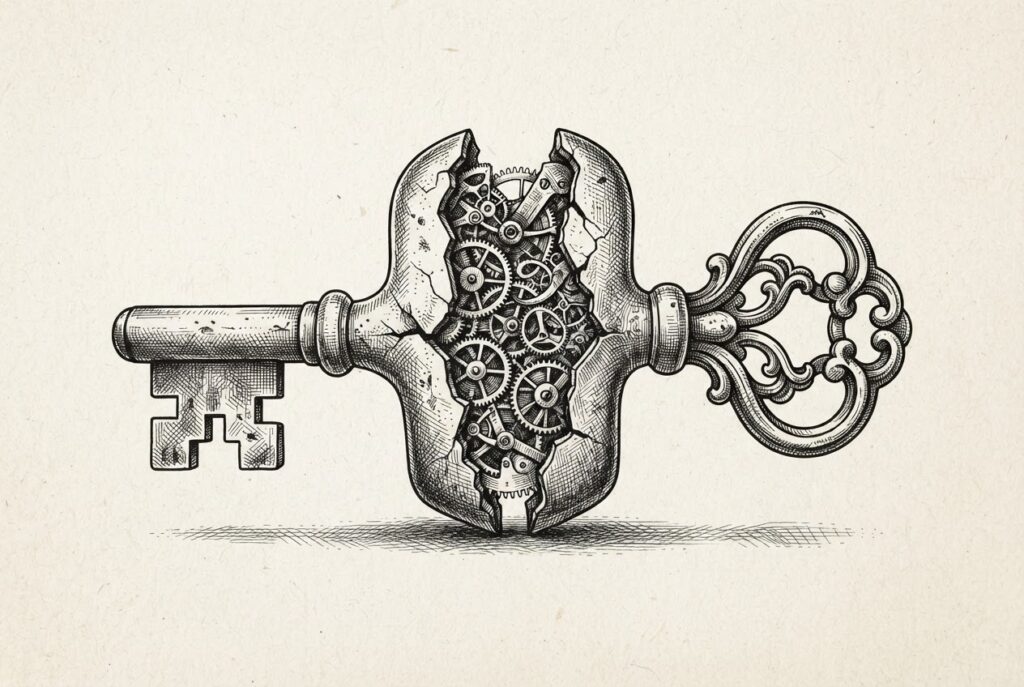 A skeleton key split in half revealing compromised internal gears, symbolizing the SharePoint ToolShell exploit chain that steals cryptographic keys surviving the patch.