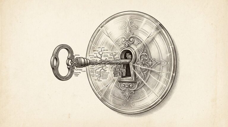 A translucent glass shield with a visible ornate keyhole in its center, through which a mechanical key made of engraved registry paths and file system branches is being inserted - the security product itself is the access mechanism