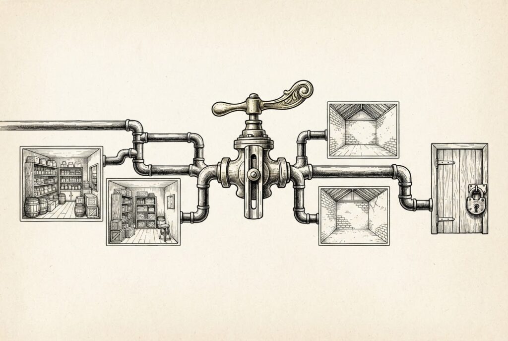 A mechanical brass valve with a lever pulled to the open position, with multiple pipes branching outward to different destinations — some leading to furnished prepared rooms, others to empty or half-built spaces, one terminating at a padlocked door.
