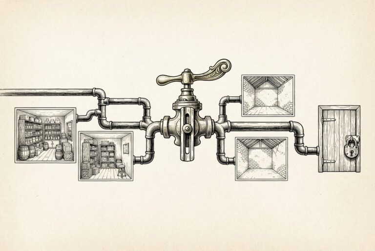 A mechanical brass valve with a lever pulled to the open position, with multiple pipes branching outward to different destinations — some leading to furnished prepared rooms, others to empty or half-built spaces, one terminating at a padlocked door.