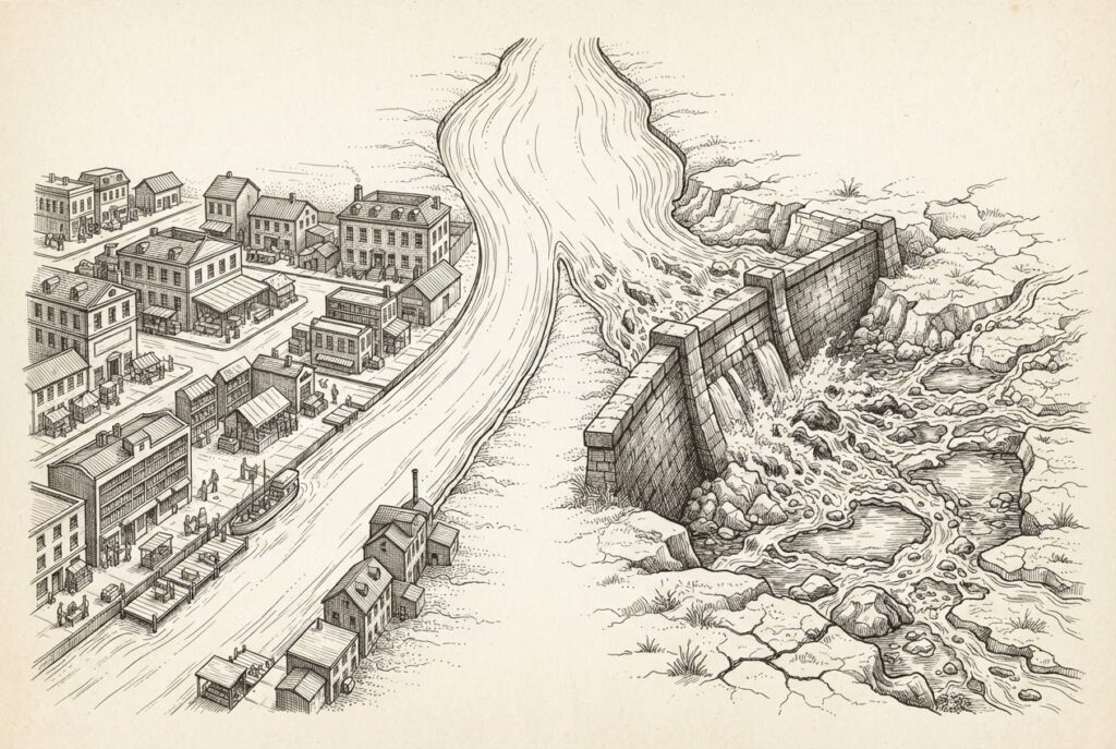 A wide river of commerce splits into two diverging channels - one flowing smoothly through an integrated merchant landscape, the other breaking apart into fragmented streams hitting a massive stone dam with dry cracked terrain beyond - representing the bifurcation between Shopify's agent-ready infrastructure and the friction independents face