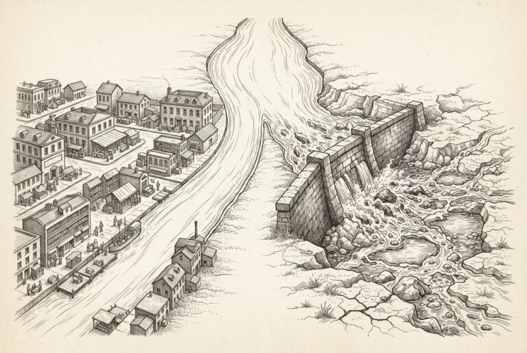 A wide river of commerce splits into two diverging channels - one flowing smoothly through an integrated merchant landscape, the other breaking apart into fragmented streams hitting a massive stone dam with dry cracked terrain beyond - representing the bifurcation between Shopify's agent-ready infrastructure and the friction independents face