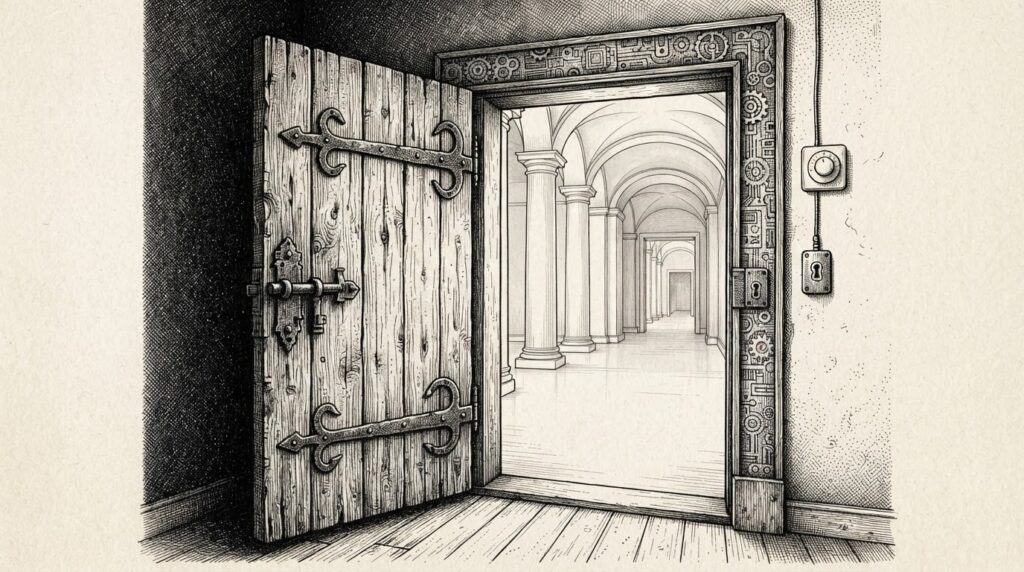 A heavy wooden door, ajar, opens onto a brightly lit colonnaded institutional hallway with arches and branching corridors stretching into the distance - an unmanaged entry point with no one governing what lies beyond.