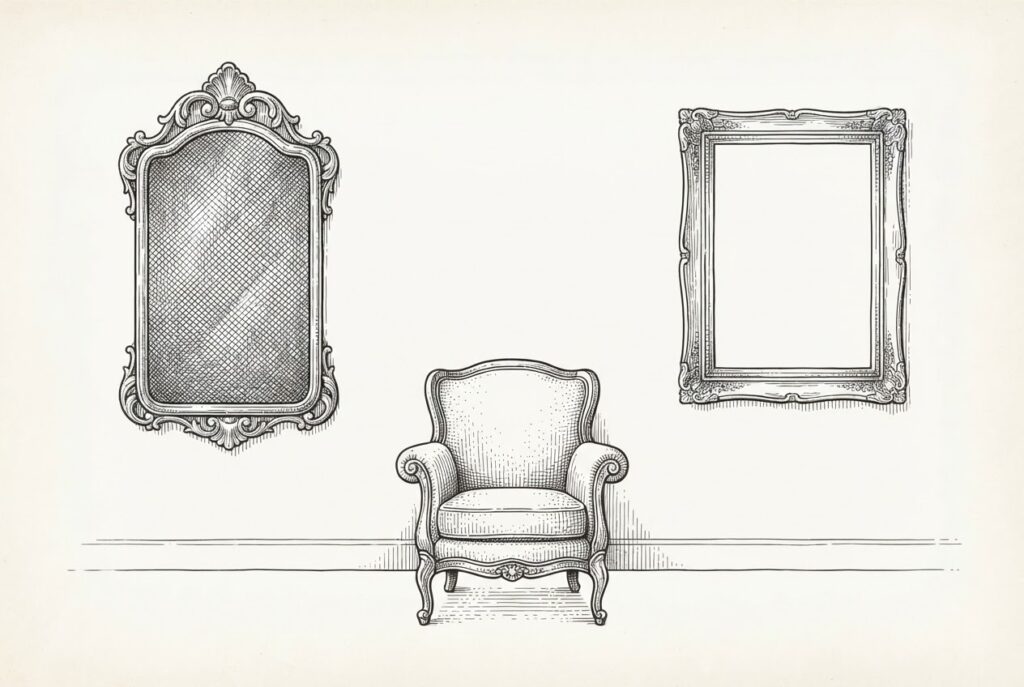An ornate Victorian mirror with its reflective surface covered in dense observational cross-hatching patterns hangs on one wall of a domestic interior, facing an empty gilded picture frame across the room where a speaking figure should be - a single armchair sits between them. Allegory for the surveillance layer arriving before the agent layer.