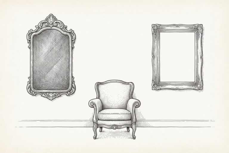 An ornate Victorian mirror with its reflective surface covered in dense observational cross-hatching patterns hangs on one wall of a domestic interior, facing an empty gilded picture frame across the room where a speaking figure should be - a single armchair sits between them. Allegory for the surveillance layer arriving before the agent layer.