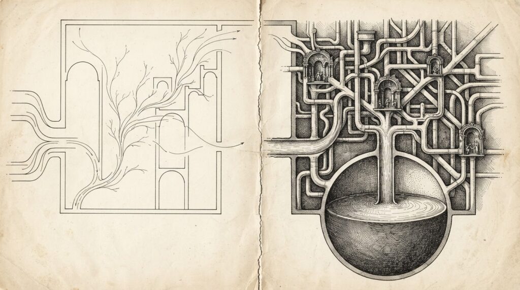 Two architectural blueprints side by side separated by a thin fragile wall — one showing data flowing through and vanishing statelessly, the other showing data pooling into storage and training pipelines statefully.