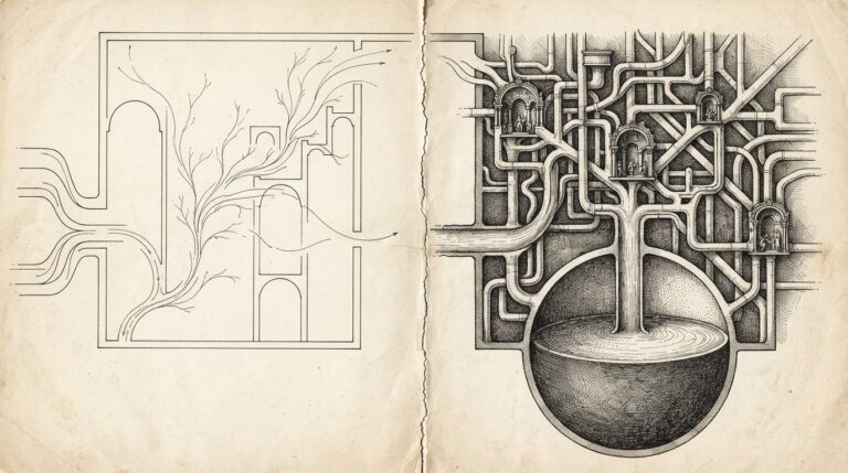 Two architectural blueprints side by side separated by a thin fragile wall — one showing data flowing through and vanishing statelessly, the other showing data pooling into storage and training pipelines statefully.
