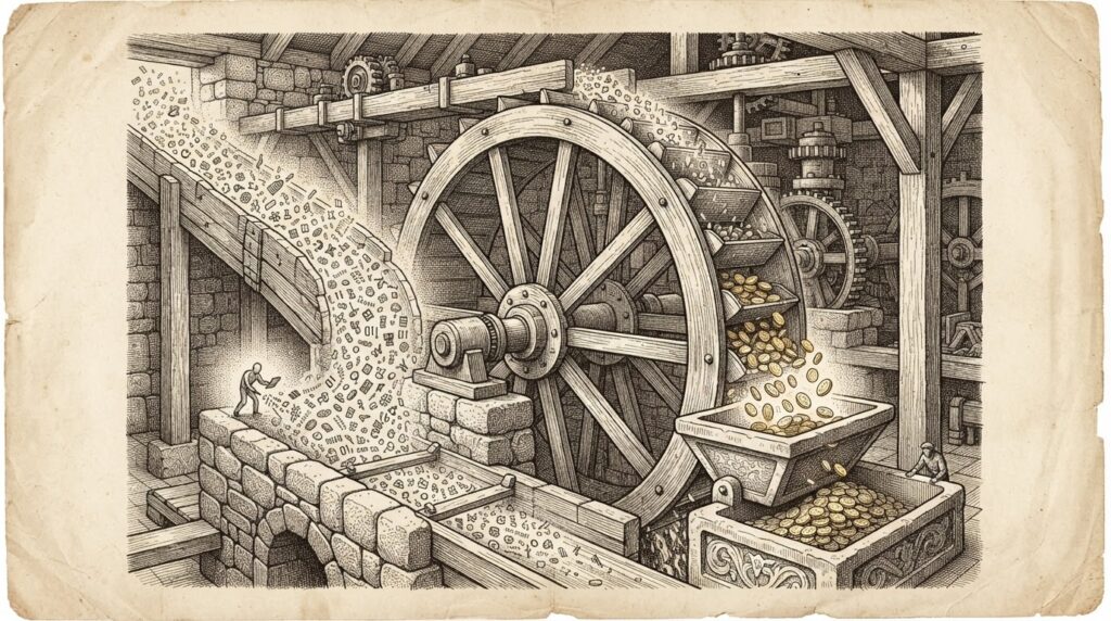 A massive industrial waterwheel turning inside a stone mill, with streams of tiny data particles flowing into buckets on the wheel and pouring out as gold coins on the other side - representing Snowflake's consumption-based model where agent usage directly converts to revenue.
