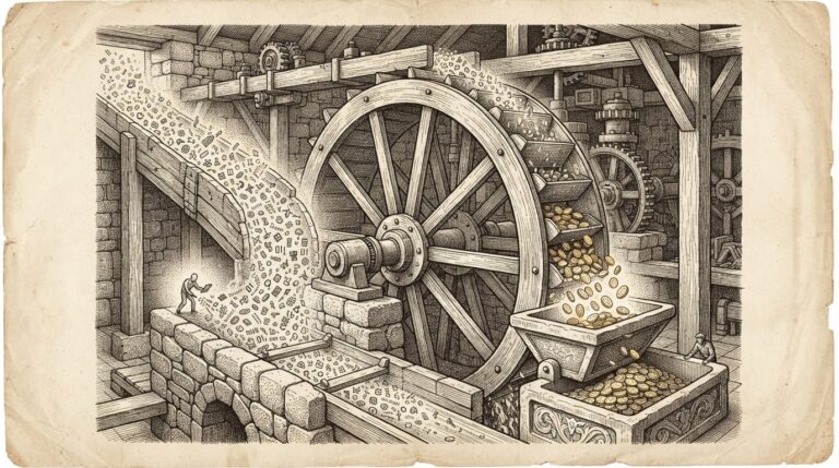 A massive industrial waterwheel turning inside a stone mill, with streams of tiny data particles flowing into buckets on the wheel and pouring out as gold coins on the other side - representing Snowflake's consumption-based model where agent usage directly converts to revenue.