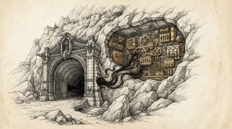 A fortified tunnel entrance with its own control mechanisms visibly exposed through a cutaway section of the mountain wall - the secure passage itself is the vulnerability. Monochrome pen-and-ink engraving on warm paper.