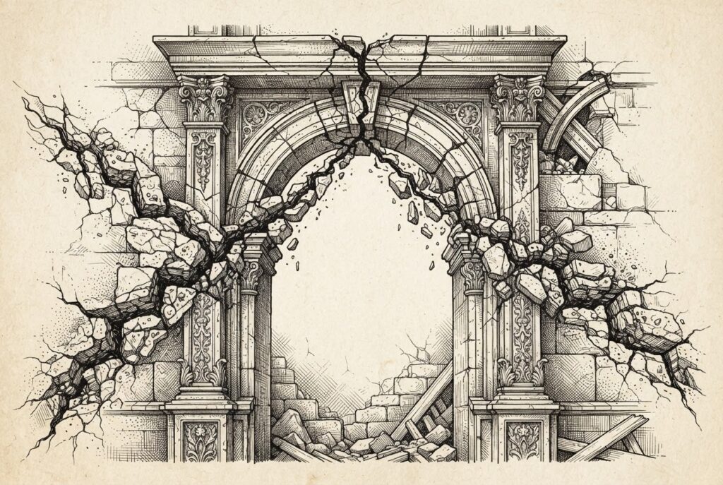 A cracked stone gateway arch with two parallel fracture lines converging on the same structural weakness, rendered in monochrome pen-and-ink engraving with cross-hatching and stippling on warm paper