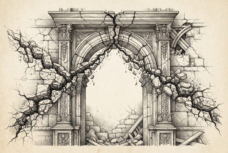 A cracked stone gateway arch with two parallel fracture lines converging on the same structural weakness, rendered in monochrome pen-and-ink engraving with cross-hatching and stippling on warm paper