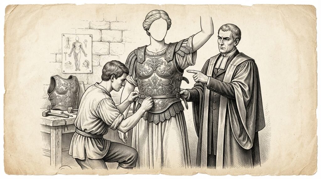 A faceless classical figure being fitted with a magnificent breastplate (safety) while an authority figure points to a structural gap in the armor that restricts movement - the safety feature as a supply chain liability. Monochrome pen-and-ink engraving on warm paper. Conceptual, not literal.