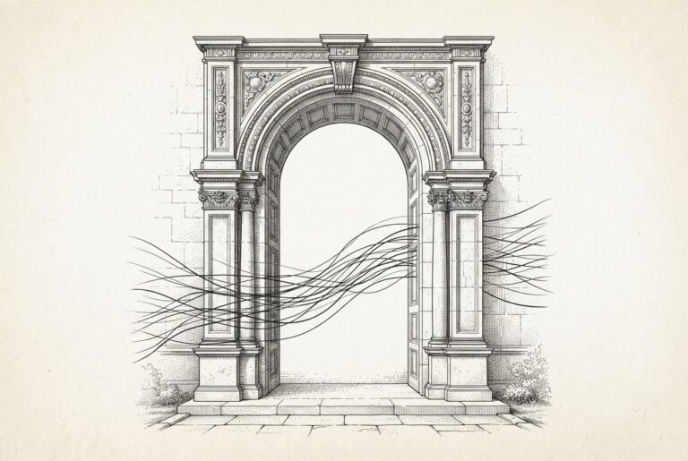A massive ornate stone archway standing completely open with no gate or barrier, with multiple flowing threads streaming freely through the open threshold - depicting a hardware platform that lets AI agents pass without a subscription gatekeeper.