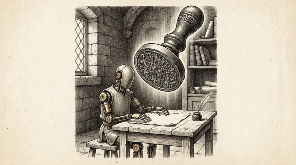 An ornate wax seal stamp hovering above a faceless mechanical figure at a desk - the moment jurisdiction meets autonomous agency. Monochrome pen-and-ink engraving.