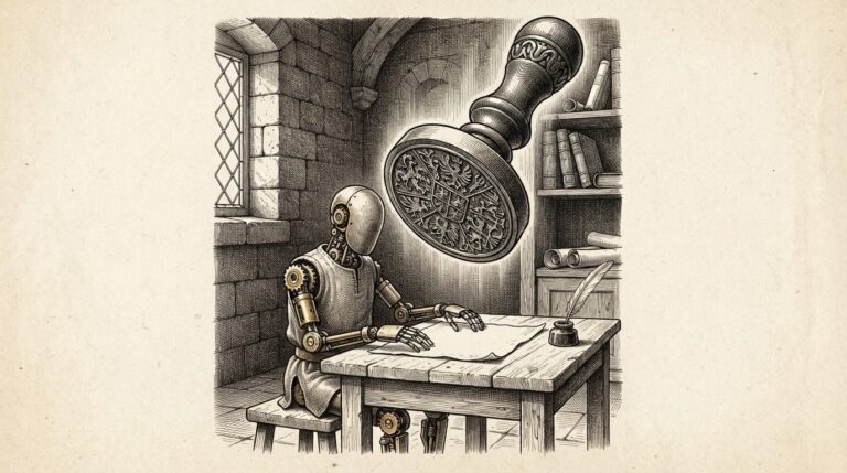 An ornate wax seal stamp hovering above a faceless mechanical figure at a desk - the moment jurisdiction meets autonomous agency. Monochrome pen-and-ink engraving.