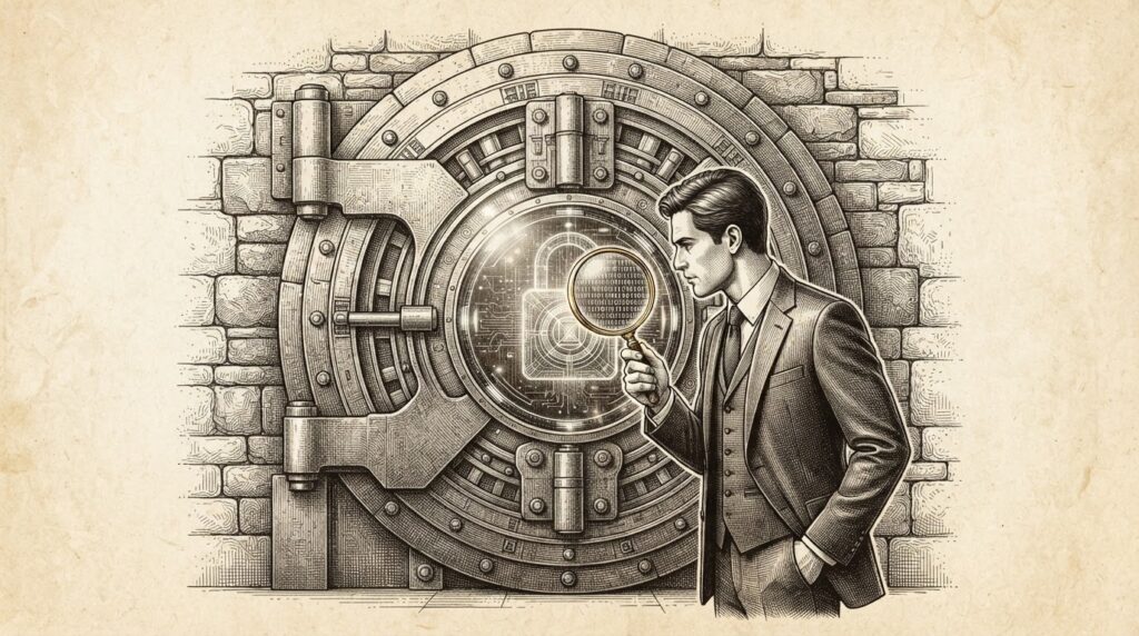A massive, heavy stone vault door with a glowing geometric digital combination lock being inspected by a suited man with a magnifying glass revealing binary code.