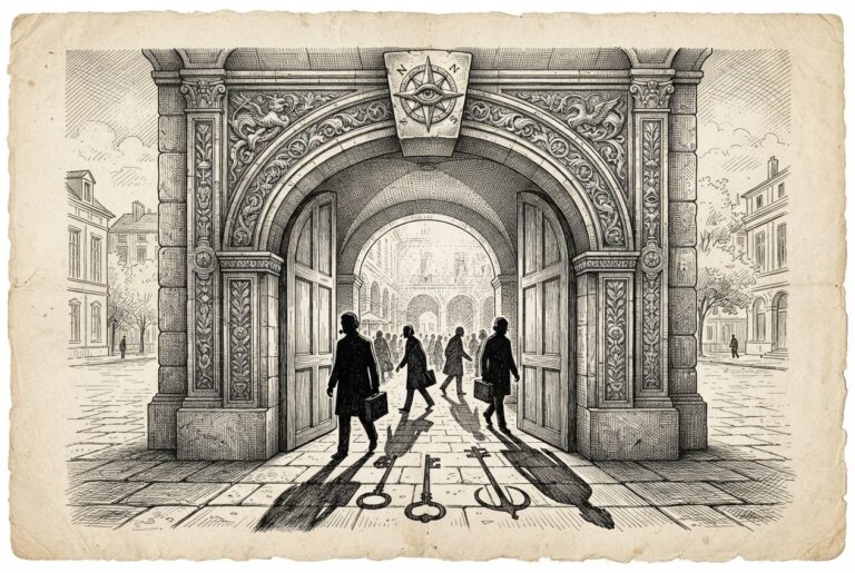 A monochrome pen-and-ink engraving of an ornate open doorway with shadowy figures walking through, their shadows morphing into skeleton keys, representing the weaponization of trusted communication channels